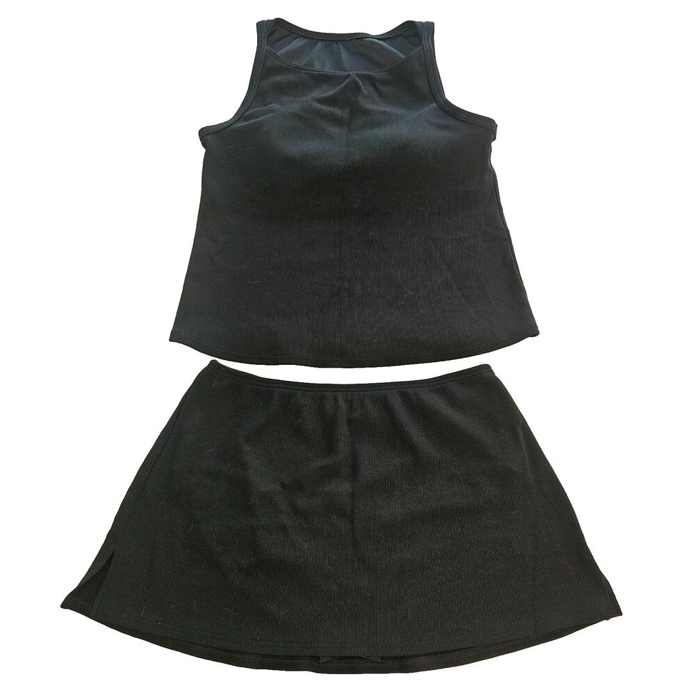 Lands End Swimsuit 2pc Black Tankini Skirt Set Women Top Size 12 Bottom Size 10